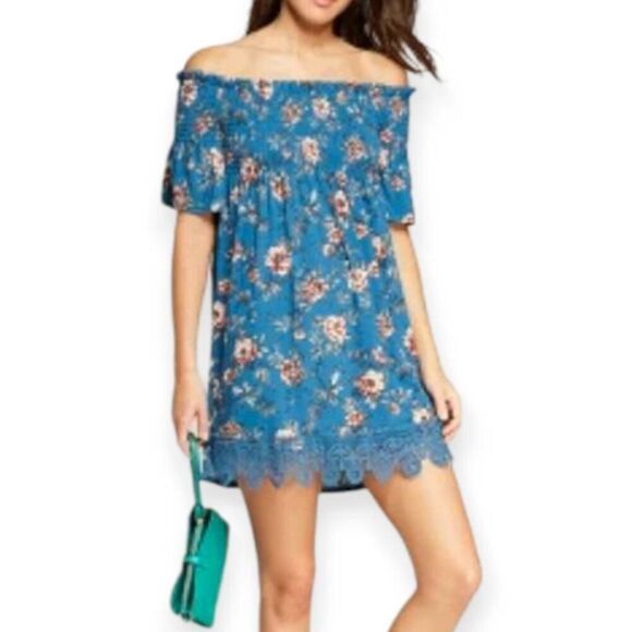 XHILARATION BLUE/GREEN FLORAL SMOCKED OFF-THE-SHOULDER DRESS SZ.S EUC. - Picture 1 of 9